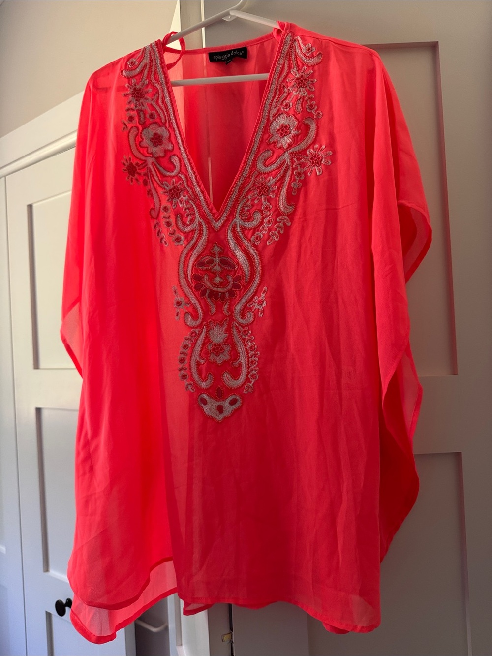 Beach cover Spiaggia Dolce Embroidered V-Neck Sheer Tunic in Neon Coral or Top .